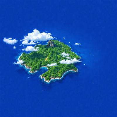 The primary subject of the image is a small island with a lush green landscape. The island is surrounded by a beautiful blue ocean. The setting is a serene and picturesque scene, with the island being the main focus of the image. The visual style is a combination of photo and digital art, creating a realistic yet artistic representation of the island. The colors and mood of the image are predominantly blue and green, evoking a sense of tranquility and natural beauty.